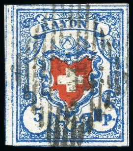 Stamp of Switzerland / Schweiz » Rayonmarken » Rayon I, hellblau, ohne KE (STEIN B3) Type 9 B3/RU, farbfrisch und enormrandig mit vollständigen
