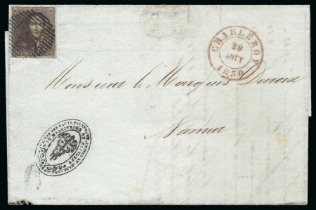 Stamp of Belgium » Belgique. 1849 Epaulettes - Émission 1849 Epaulettes 10c brun variété "traits diagonaux dans la marge supérieure" (V19) P25 sur lettre