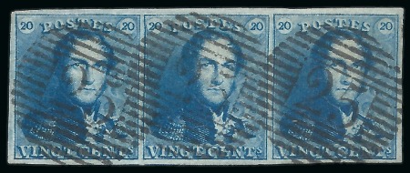 Stamp of Belgium » Belgique. 1849 Epaulettes - Émission 1849 Epaulettes 20 bleu planche I en bande 3, très bien margée, P25 Charleroi