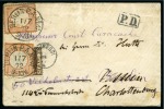Stamp of Romania » 1872 Prince Carol I - Perforated 1872 25B Brown tied to envelope from Bucharest to Germany by Bucuresci thimble cds, redirected from Berlin to Charlottenburg and franked with two 1872 1/2g Small Eagles