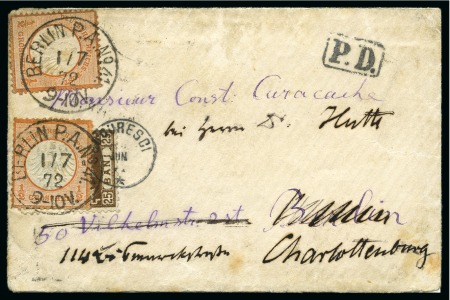Stamp of Romania » 1872 Prince Carol I - Perforated 1872 25B Brown tied to envelope from Bucharest to Germany by Bucuresci thimble cds, redirected from Berlin to Charlottenburg and franked with two 1872 1/2g Small Eagles