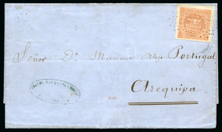 Stamp of Peru 1858 Medio Peso Rose-Red ERROR OF COLOUR tied to 1858 wrapper to Arequipa by clear "CALLAO 1-2" dotted oval