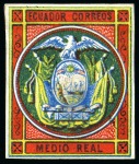 Stamp of Ecuador 1865 1/2r Lithographed essays (2), multi-coloured, showing differing designs and colours with several small differences (mainly in the frame designs) to the issue stamps