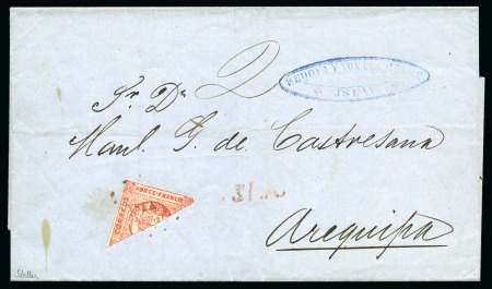 Stamp of Peru » General Issues 1863 (Feb 8) Wrapper from Islay to Arequipa with 1860 1p rose-red DIAGONAL BISECT