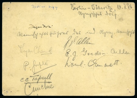 Stamp of Olympics » 1936 Berlin » Documents, Programmes, Tickets, etc. 1936 6pf+4pf Winter Games postal stationery card signed on the reverse by members of the famous India Gold medal winning hockey team