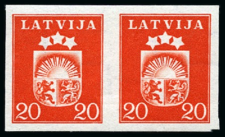 Stamp of Latvia 1940 Coat of Arms: Attractive group of trial colour proofs, showing twenty imperforate pairs