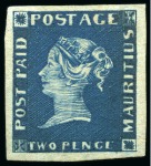 Stamp of Mauritius » 1848-59 Post Paid Issue » Earliest Impressions (SG 3-5) 1848-59 Post Paid 2d deep blue, earliest impression, unused with large to very large margins
