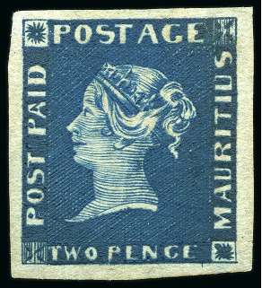 Stamp of Mauritius » 1848-59 Post Paid Issue » Earliest Impressions (SG 3-5) 1848-59 Post Paid 2d deep blue, earliest impression, unused with large to very large margins
