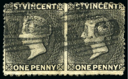 Stamp of St. Vincent THE UNIQUE IMPERFORATE BETWEEN PAIR: 1875-78 Wmk Small Star (sideways) 1d black pair with IMPERFORATE BETWEEN variety
