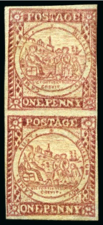Stamp of Australia » New South Wales LARGEST KNOWN UNUSED MULTIPLE IN PRIVATE HANDS: 1850 1d Dull carmine on hard greyish paper, plate II, re-engraved with clouds, large part original gum vertical pair