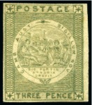 Stamp of Australia » New South Wales THE UNIQUE UNUSED RARITY: 1850-51 3d MYRTLE GREEN on soft yellowish paper, unused