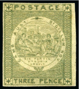 Stamp of Australia » New South Wales THE UNIQUE UNUSED RARITY: 1850-51 3d MYRTLE GREEN on soft yellowish paper, unused
