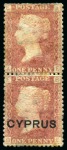 Stamp of Cyprus » Overprinted Stamps of Great Britain 1880 1d Red pl.208 AE/BE vertical pair with OVERPRINT OMITTED variety on top stamp