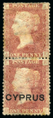 Stamp of Cyprus » Overprinted Stamps of Great Britain 1880 1d Red pl.208 AE/BE vertical pair with OVERPRINT OMITTED variety on top stamp