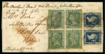 Stamp of India » 1854 Lithographs 1854-55 1/2a blue, die I, pair, plus 2a green, block of four, all cancelled or tied diamond of dots, on 1855 small neat envelope to England (*)