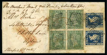 Stamp of India » 1854 Lithographs 1854-55 1/2a blue, die I, pair, plus 2a green, block of four, all cancelled or tied diamond of dots, on 1855 small neat envelope to England (*)