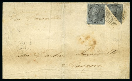 Stamp of India » Used Abroad » Straits Settlements » Singapore (172) 1859 Folded cover from Singapore to Glasgow, franked 1855 4a black on blue glazed paper BISECTED single (*)