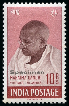 Stamp of India » Dominion 1948 Gandhi 10r purple-brown and lake with "Specimen" overprint