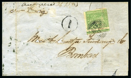 Stamp of India » Used Abroad » Straits Settlements » Singapore (172) 1854 2a green, left sheet marginal, neatly tied 'B/172' octagonal of Singapore (*)