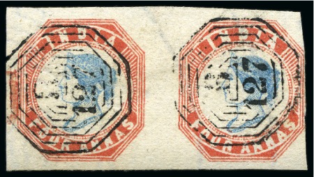 Stamp of India » Used Abroad » Burma 1854 4a blue and rose-red, 5th printing, die III, frame II, horizontal pair, positions 11-12, both cancelled 'B/127' of Moulmein (*)