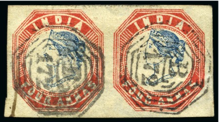 Stamp of India » Used Abroad » Straits Settlements » Singapore (172) 1854-55 4a blue and red, 4th printing, horizontal pair, both neatly cancelled by crisp clear 'B/172' octagonal pmk of Singapore (*)