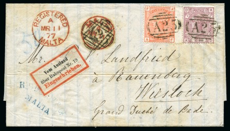 Stamp of Malta 1877 (Mar 11) Entire sent registered to Germany franked with Great Britain 1876-79 2 1/2d rosy mauve pl.3 and 1876 4d vermilion pl.15