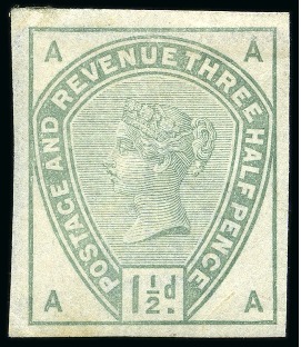 Stamp of Great Britain » 1855-1900 Surface Printed » 1883-84 Lilac & Green Issue 1883-84 Lilac & Green 1 1/2d imperf. colour trial in dull green
