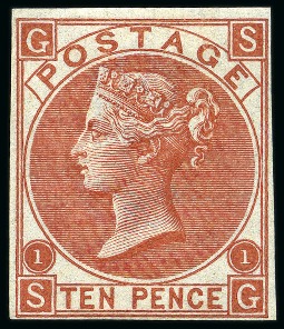 Stamp of Great Britain » 1855-1900 Surface Printed » 1867-80 Large Uncoloured Corner Letters, Wmk Spray of Rose 1867-80 10d Red-Brown pl.1 SG mint og imperforate imprimatur
