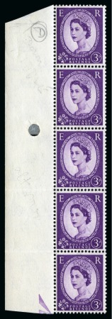 Stamp of Great Britain » Queen Elizabeth II 1959 Wilding 3d deep violet "Dollis Hill Phosphor Trial" in mint nh left hand marginal vertical strip of five