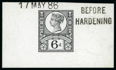 Stamp of Great Britain » 1855-1900 Surface Printed » 1887-1900 Jubilee Issue & 1891 £1 Green 1887 Jubilee Issue 6d De La Rue die proof of the accepted design in black on white glazed card