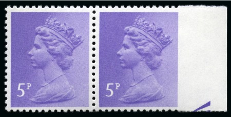 Stamp of Great Britain » Queen Elizabeth II 1980 5p Light Violet (FCP/PVAD) showing variety "imperforate between stamp and right margin" in mint nh horizontal pair