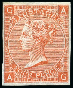 Stamp of Great Britain » 1855-1900 Surface Printed » 1865-67 Large Uncoloured Corner Letters, Wmk Large Garter & Emblems 1865-67 4d Vermilion pl.12 AG imperforate imprimatur, mint og