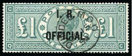 Stamp of Great Britain » Officials INLAND REVENUE: 1892 £1 Green I.R. Official beautifully cancelled by a crisp Dundee M.O.O. cds