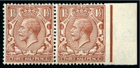 Stamp of Great Britain » King George V » 1924-36 Issues 1924 -26 Wmk Block Cypher 1 1/2d red-brown marginal pair with variety imperf. between right and side margin