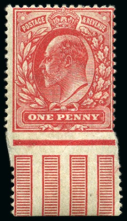 Stamp of Great Britain » King Edward VII » 1902-10 De La Rue Issues 1902-10 De La Rue 1d scarlet mint lower marginal showing variety IMPERF. BETWEEN STAMP AND MARGIN