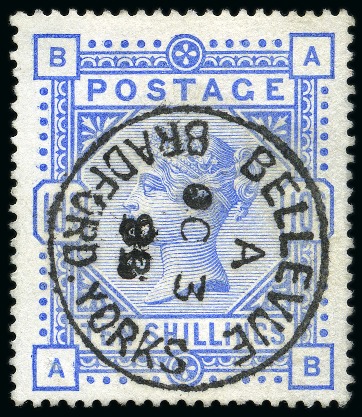 Stamp of Great Britain » 1855-1900 Surface Printed » 1883-84 & 1888 High Values 1883-84 10s Ultramarine AB with crisp BELLEVUE / BRADFORD. YORKS cds