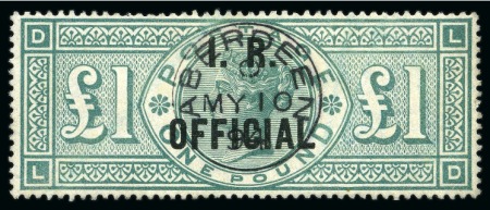 Stamp of Great Britain » Officials INLAND REVENUE: 1892 £1 Green I.R. Official neatly cancelled by a crisp Aberdeen cds