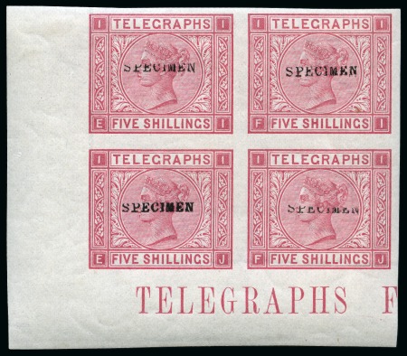 Stamp of Great Britain » Telegraphs 1877 Telegraphs 5s pl.1 mint imperf. left hand corner marginal block of four each with "SPECIMEN" type 9 overprint