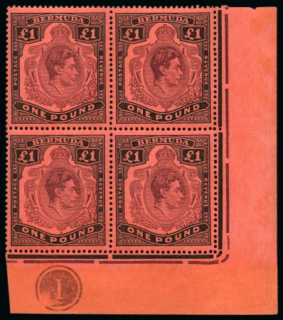 Stamp of Bermuda 1938-53 £1 Pale purple and Black on pale red, perf 14, in mint nh lower right corner block of 4 with plate number "1" and broken scroll variety