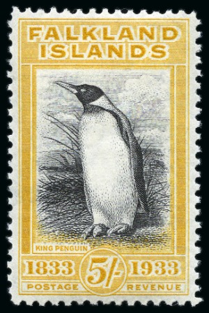 Stamp of Falkland Islands 1933 Centenary 5s black and yellow mint og, very fine