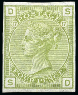Stamp of Great Britain » 1855-1900 Surface Printed » 1873-80 Large Coloured Corner Letters 1873-80 4d Sage-Green pl.17 imperf. imprimatur from the rare "abnormal" plate, mint og
