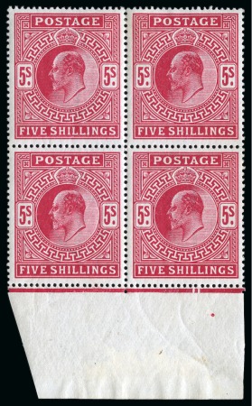 Stamp of Great Britain » King Edward VII » 1911-13 Somerset House Issues 1911-13 Somerset House 5s carmine in mint lower marginal block of four from plate 1b with "date cut" in the "Jubilee" line