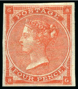 Stamp of Great Britain » 1855-1900 Surface Printed » 1862-64 Small Uncoloured Corner Letters 1862-64 4d Bright Red pl.4 (with hair lines) imperforate imprimatur, mint og