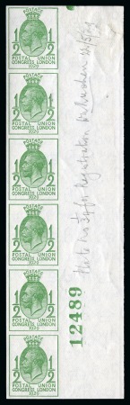 Stamp of Great Britain » King George V » 1924-36 Issues 1929 PUC 1/2d green (wmk upright) mint nh imperforate right hand marginal vertical strip of six imprimaturs from the endways coil printing
