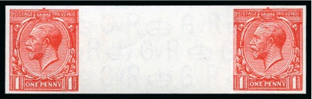 Stamp of Great Britain » King George V » 1924-36 Issues 1924-26 Block Cypher 1d scarlet (Waterlow printing, wmk upright) mint nh imperforate horizontal pair of imprimaturs showing 42mm gutter margin