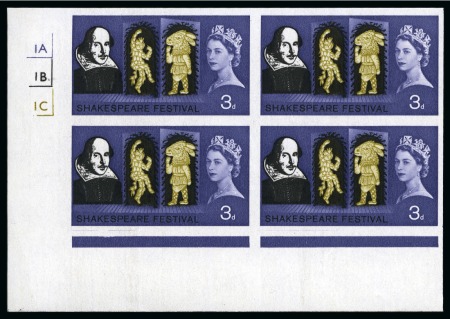 Stamp of Great Britain » Queen Elizabeth II 1964 Shakespeare Festival 3d (ordinary) mint nh imperforate imprimatur lower left hand corner marginal cylinder block of four