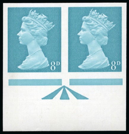 Stamp of Great Britain » Queen Elizabeth II 1969 Machins 8d light turquoise-blue (2 bands) mint nh imperf. imprimatur lower marginal horizontal pair