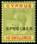 Stamp of Cyprus 1921-23 £1 Purple & Black on red and 10s green & red on pale yellow with SPECIMEN overprints