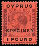 Stamp of Cyprus 1921-23 £1 Purple & Black on red and 10s green & red on pale yellow with SPECIMEN overprints