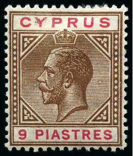 Stamp of Cyprus » King George V Issues 1921-23 Multi Script CA 9pi brown & carmine with BROKEN BOTTOM LEFT TRIANGLE variety, mint